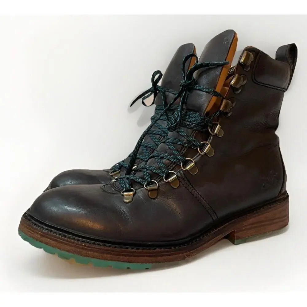John Fluevog Montaigne Blue Leather Hiking Boots Mens 8 Womens 10 Lace Up